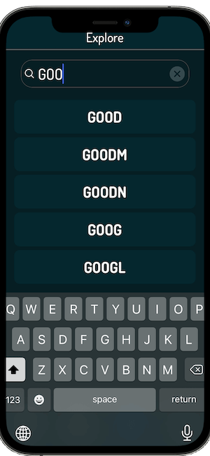 View of the stock search menu of the app